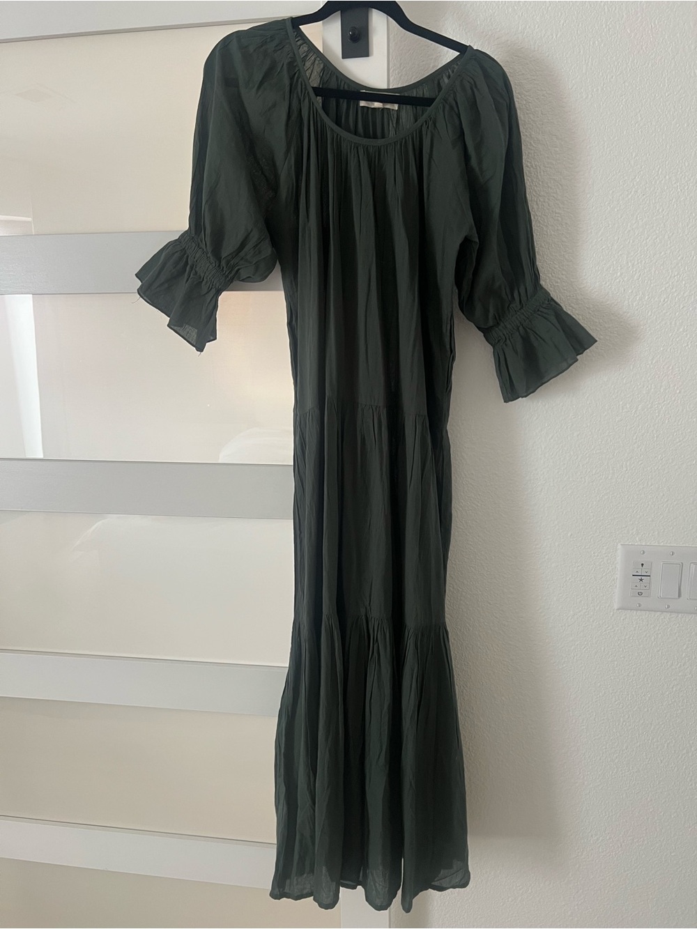 Daughters of India Olive Green Puff-Sleeve Tiered Maxi Dress